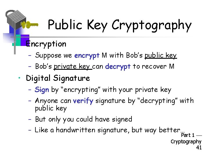 Public Key Cryptography • Encryption – Suppose we encrypt M with Bob’s public key