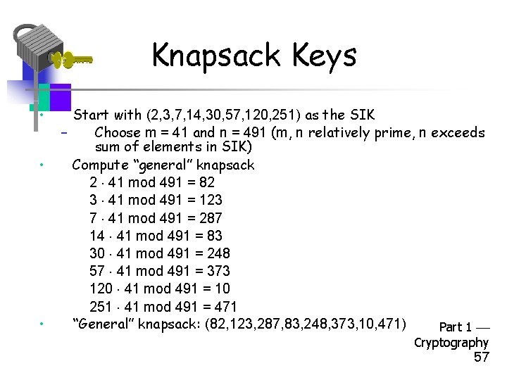 Knapsack Keys • • • Start with (2, 3, 7, 14, 30, 57, 120,