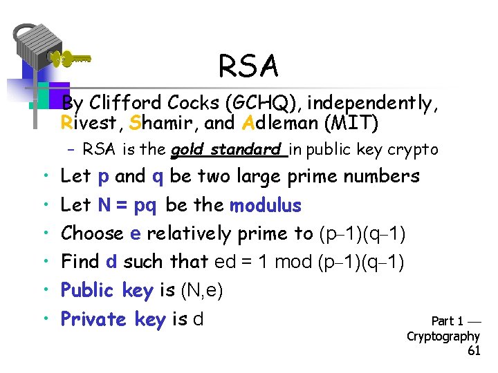 RSA • By Clifford Cocks (GCHQ), independently, Rivest, Shamir, and Adleman (MIT) – RSA