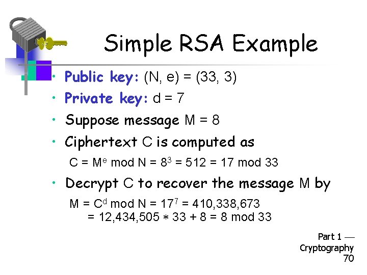 Simple RSA Example • Public key: (N, e) = (33, 3) • Private key: