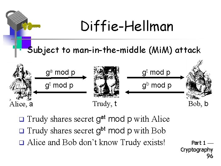 Diffie-Hellman • Subject to man-in-the-middle (Mi. M) attack Alice, a ga mod p gt