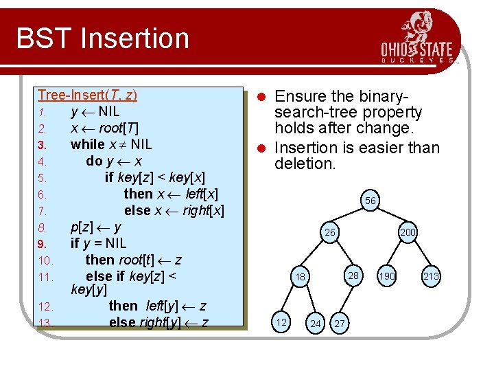 BST Insertion Tree-Insert(T, z) 1. y NIL 2. x root[T] 3. while x NIL
