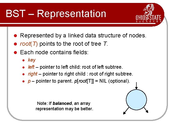 BST – Representation Represented by a linked data structure of nodes. l root(T) points