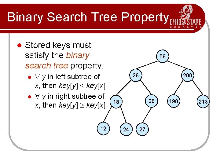 Binary Search Tree Property l Stored keys must satisfy the binary search tree property.