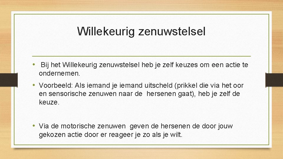 Willekeurig zenuwstelsel • Bij het Willekeurig zenuwstelsel heb je zelf keuzes om een actie