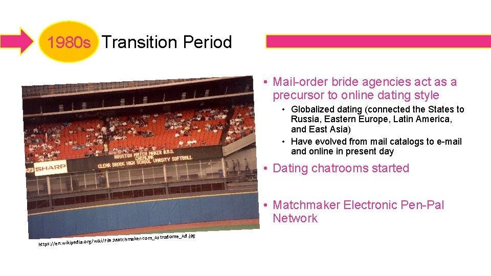 1980 s Transition Period • Mail-order bride agencies act as a precursor to online