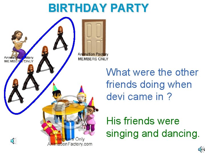 BIRTHDAY PARTY What were the other friends doing when devi came in ? His