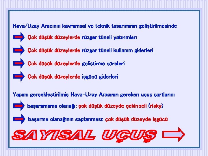 Hava/Uzay Aracının kavramsal ve teknik tasarımının geliştirilmesinde Çok düşük düzeylerde rüzgar tüneli yatırımları Çok