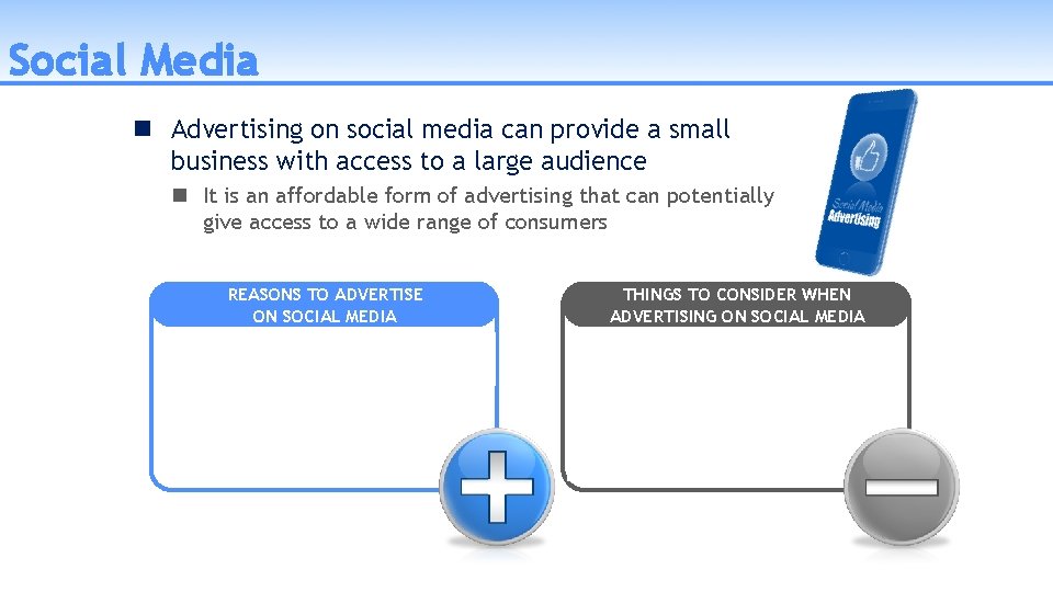 Social Media Advertising on social media can provide a small business with access to