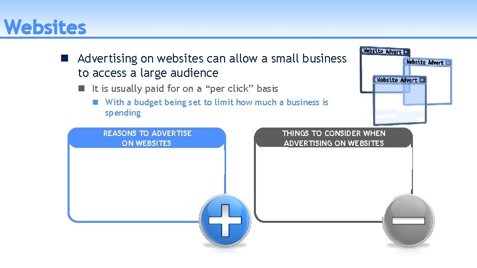 Websites Advertising on websites can allow a small business to access a large audience