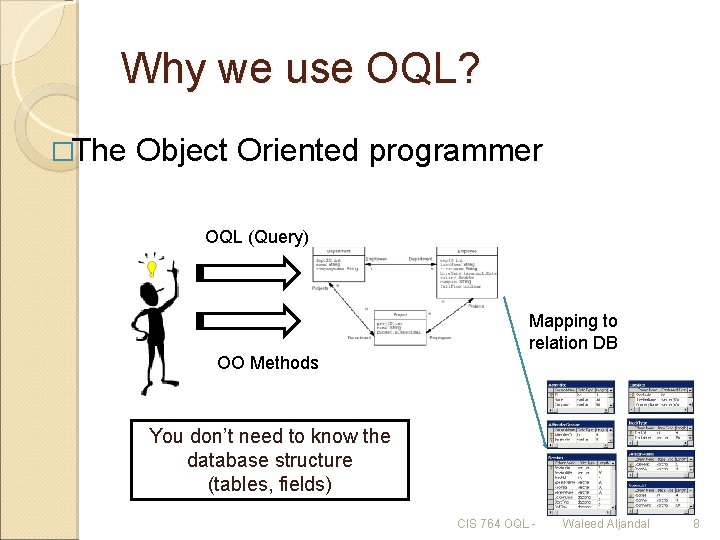 Why we use OQL? �The Object Oriented programmer OQL (Query) Mapping to relation DB