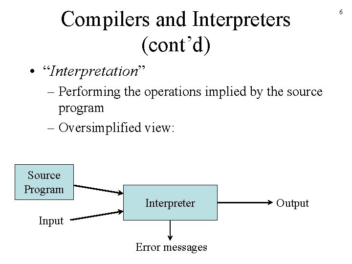 Compilers and Interpreters (cont’d) • “Interpretation” – Performing the operations implied by the source