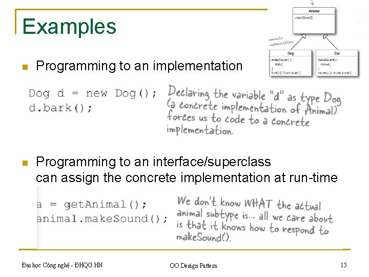 Examples n Programming to an implementation n Programming to an interface/superclass can assign the