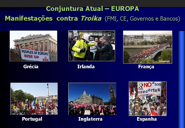 Conjuntura Atual – EUROPA Manifestações contra Troika (FMI, CE, Governos e Bancos) Grécia Portugal