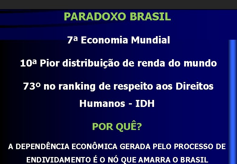PARADOXO BRASIL 7ª Economia Mundial 10ª Pior distribuição de renda do mundo 73º no