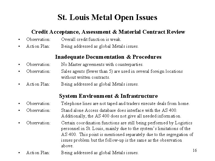 St. Louis Metal Open Issues Credit Acceptance, Assessment & Material Contract Review • •