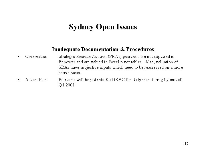 Sydney Open Issues Inadequate Documentation & Procedures • Observation: • Action Plan: Strategic Residue