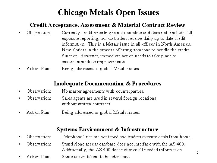 Chicago Metals Open Issues Credit Acceptance, Assessment & Material Contract Review • Observation: •