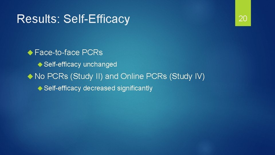 Results: Self-Efficacy Face-to-face Self-efficacy No PCRs unchanged PCRs (Study II) and Online PCRs (Study