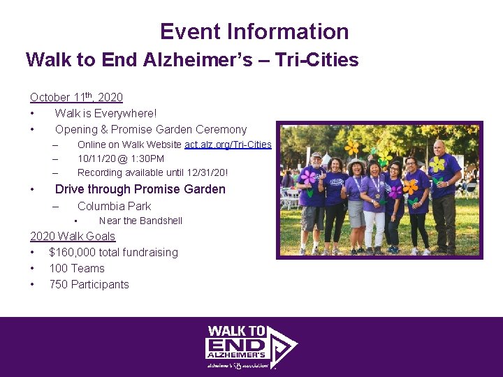 Event Information Walk to End Alzheimer’s – Tri-Cities October 11 th, 2020 • Walk