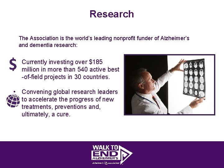 Research The Association is the world’s leading nonprofit funder of Alzheimer’s and dementia research: