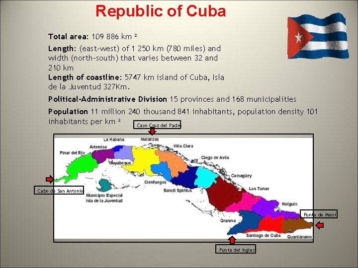 Republic of Cuba Total area: 109 886 km ² Length: (east-west) of 1 250