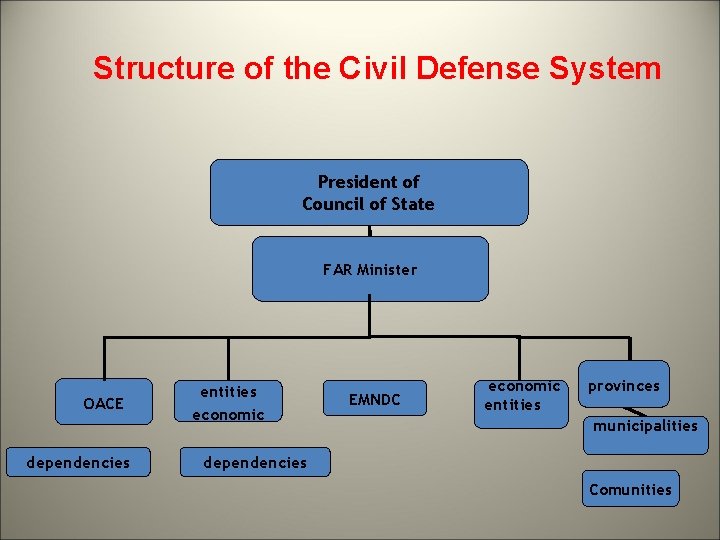 Structure of the Civil Defense System President of Council of State FAR Minister OACE
