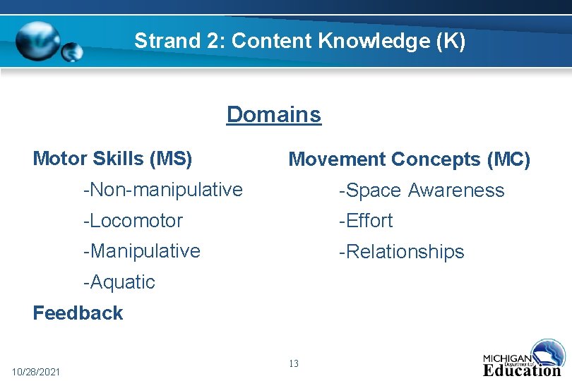Strand 2: Content Knowledge (K) Domains Motor Skills (MS) Movement Concepts (MC) -Non-manipulative -Space