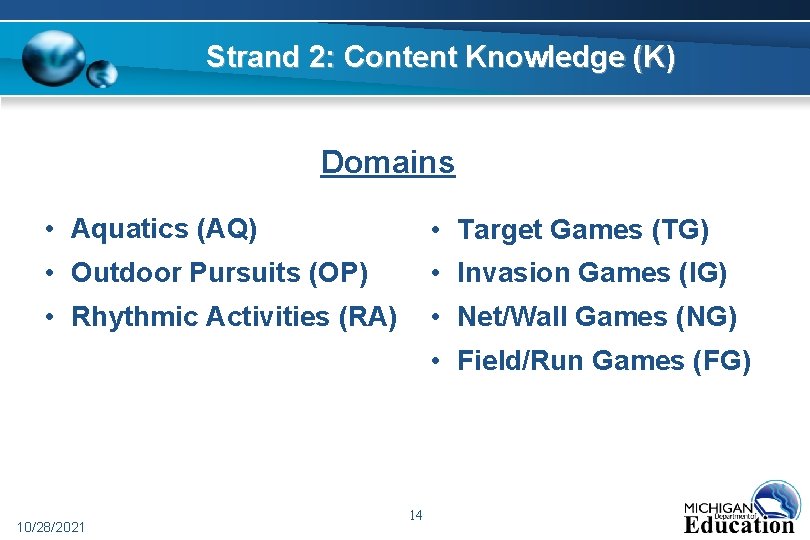 Strand 2: Content Knowledge (K) Domains • Aquatics (AQ) • Target Games (TG) •