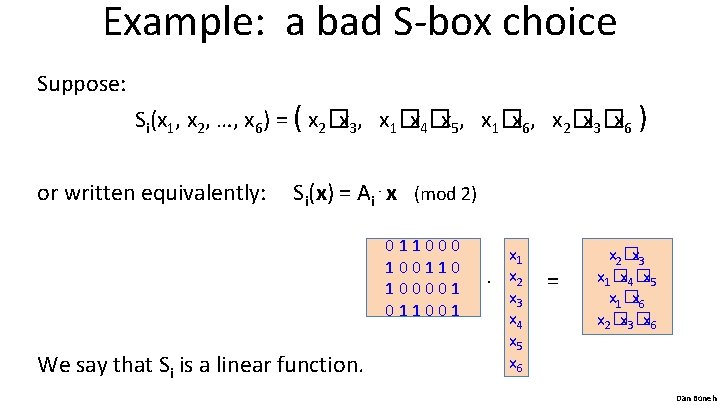 Example: a bad S-box choice Suppose: Si(x 1, x 2, …, x 6) =