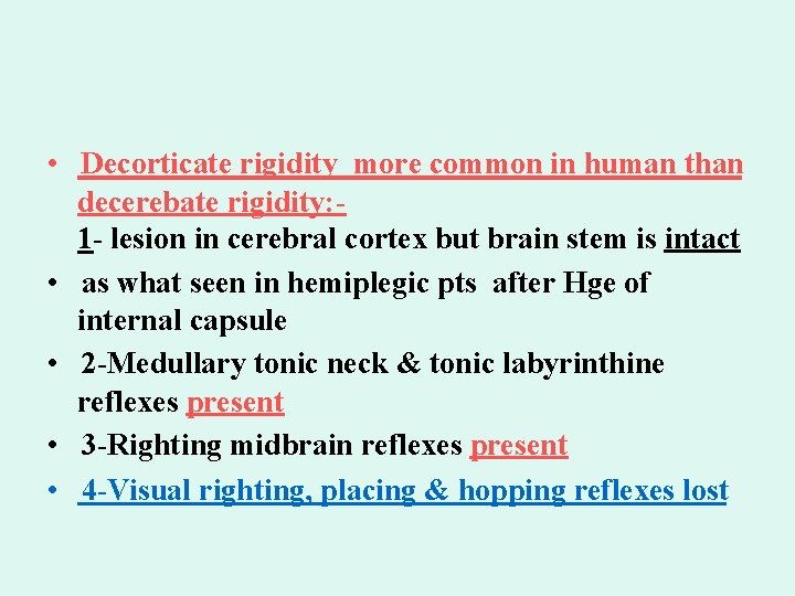  • Decorticate rigidity more common in human than decerebate rigidity: 1 - lesion
