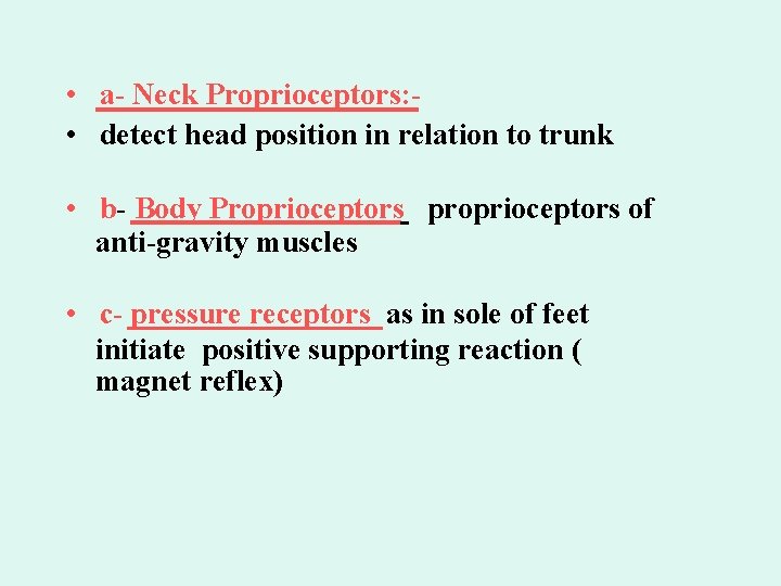  • a- Neck Proprioceptors: • detect head position in relation to trunk •