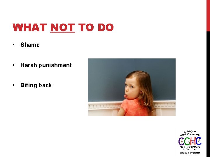 WHAT NOT TO DO • Shame • Harsh punishment • Biting back 
