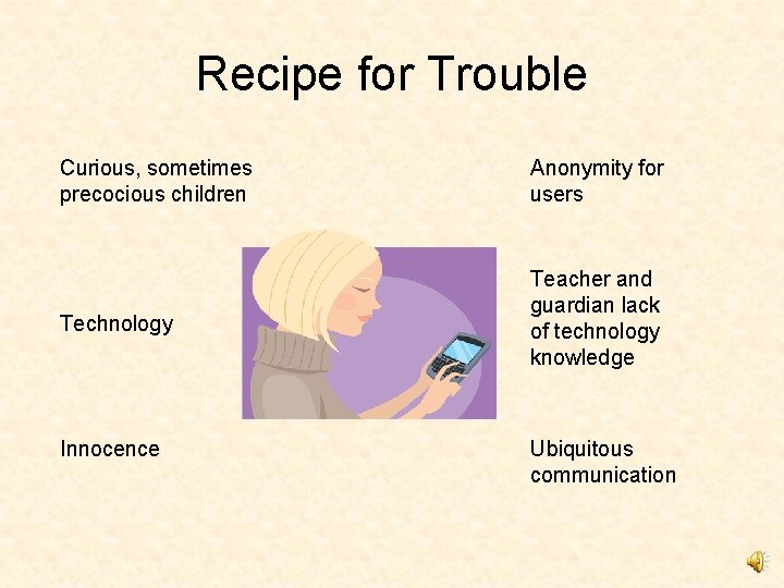 Recipe for Trouble Curious, sometimes precocious children Anonymity for users Technology Teacher and guardian