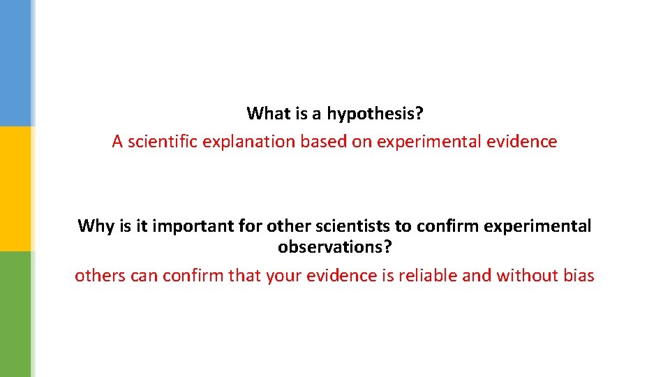 What is a hypothesis? A scientific explanation based on experimental evidence Why is it