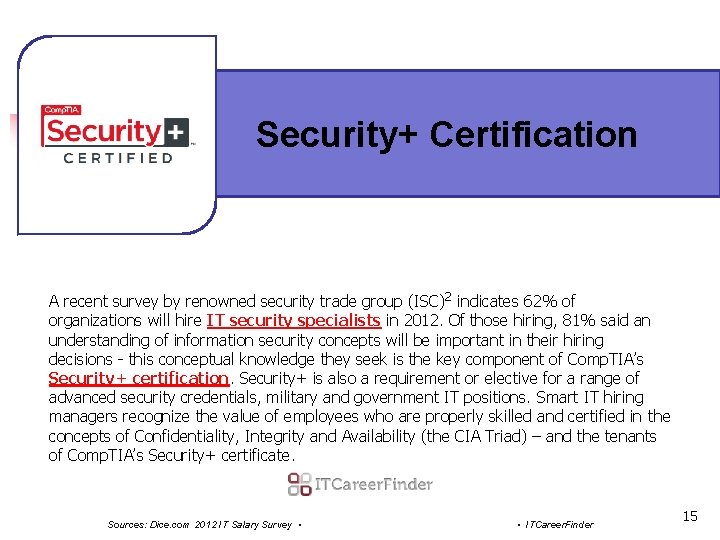 Security+ Certification A recent survey by renowned security trade group (ISC)2 indicates 62% of