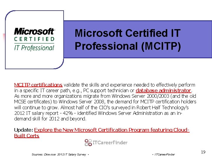 Microsoft Certified IT Professional (MCITP) MCITP certifications validate the skills and experience needed to