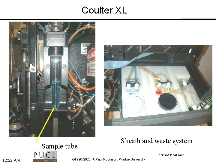 Coulter XL Sample tube Sheath and waste system Photo: J. P Robinson 12: 22