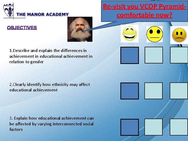 Re-visit you VCOP Pyramidcomfortable now? 1. Describe and explain the differences in achievement in
