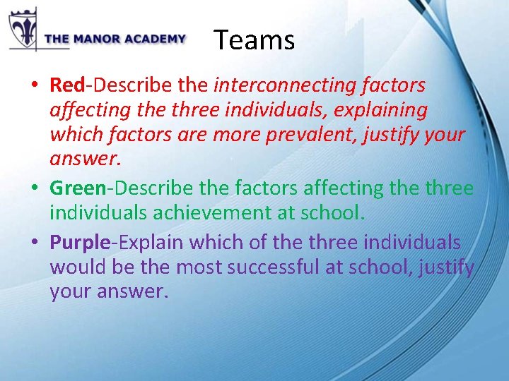 Teams • Red-Describe the interconnecting factors affecting the three individuals, explaining which factors are