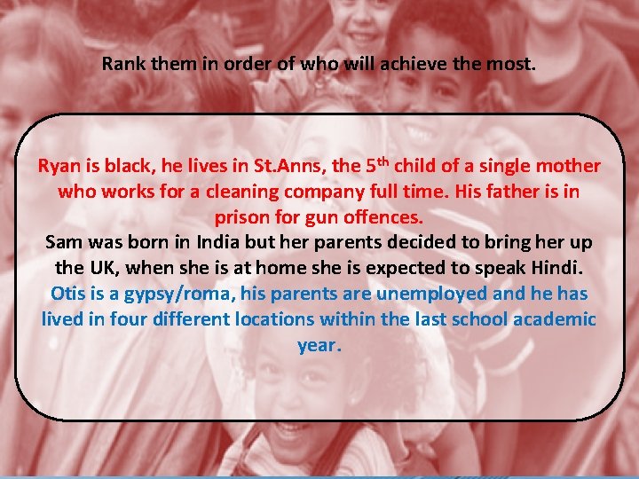 Rank them in order of who will achieve the most. Ryan is black, he
