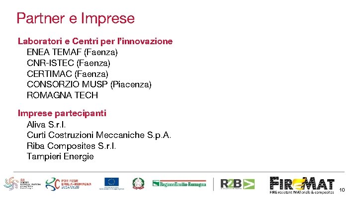 Partner e Imprese Laboratori e Centri per l’innovazione ENEA TEMAF (Faenza) CNR-ISTEC (Faenza) CERTIMAC