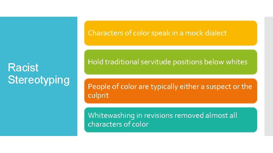 Characters of color speak in a mock dialect Racist Stereotyping Hold traditional servitude positions