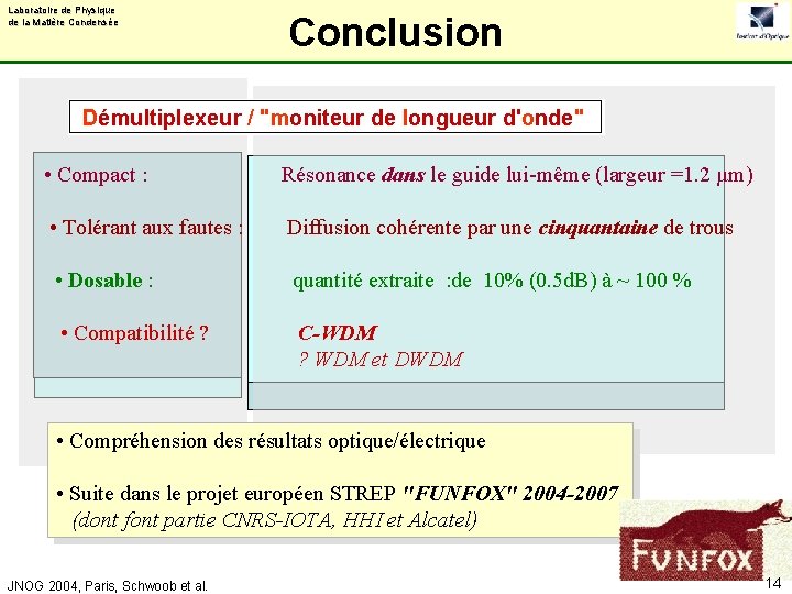 Laboratoire de Physique de la Matière Condensée Conclusion Démultiplexeur / "moniteur de longueur d'onde"