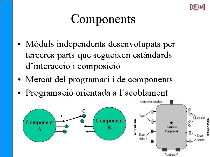 Components • Mòduls independents desenvolupats per terceres parts que segueixen estàndards d’interacció i composició