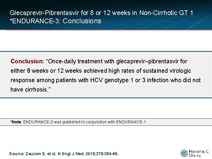 Glecaprevir-Pibrentasvir for 8 or 12 weeks in Non-Cirrhotic GT 1 *ENDURANCE-3: Conclusions Conclusion: “Once-daily