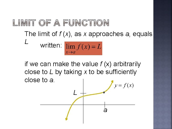 The limit of f (x), as x approaches a, equals L written: if we