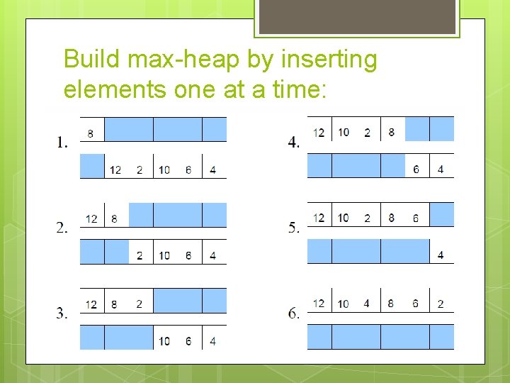 Build max-heap by inserting elements one at a time: Build max-heap by inserting elements one at a time: