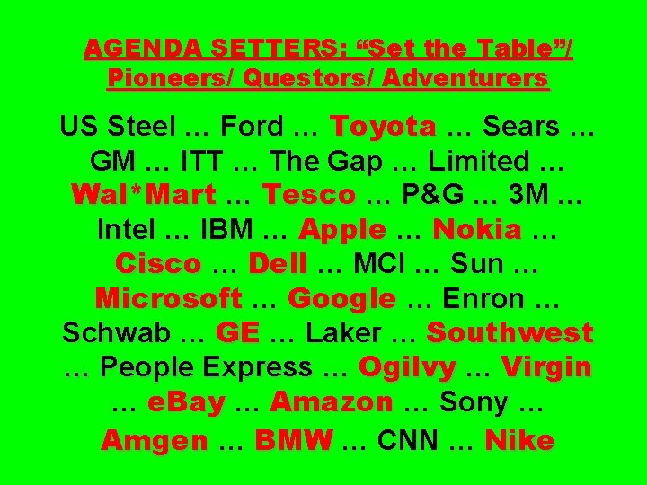 AGENDA SETTERS: “Set the Table”/ Pioneers/ Questors/ Adventurers US Steel … Ford … Toyota