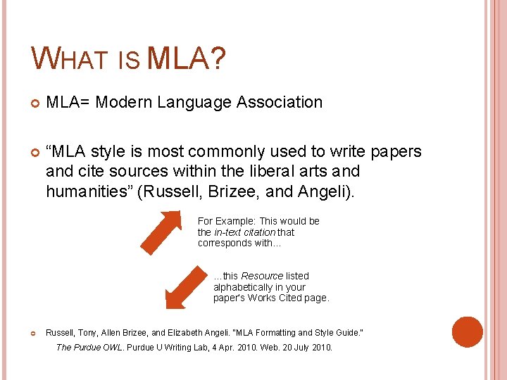 WHAT IS MLA? MLA= Modern Language Association “MLA style is most commonly used to